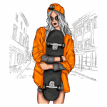 Ilustração de uma jovem skatista com cabelo longo e prateado, vestindo uma jaqueta laranja e óculos escuros, segurando um skate preto em frente a um cenário urbano, destacando a cultura do skate e estilo de vida jovem.