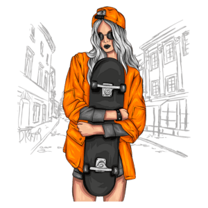 Ilustração de uma jovem skatista com cabelo longo e prateado, vestindo uma jaqueta laranja e óculos escuros, segurando um skate preto em frente a um cenário urbano, destacando a cultura do skate e estilo de vida jovem.