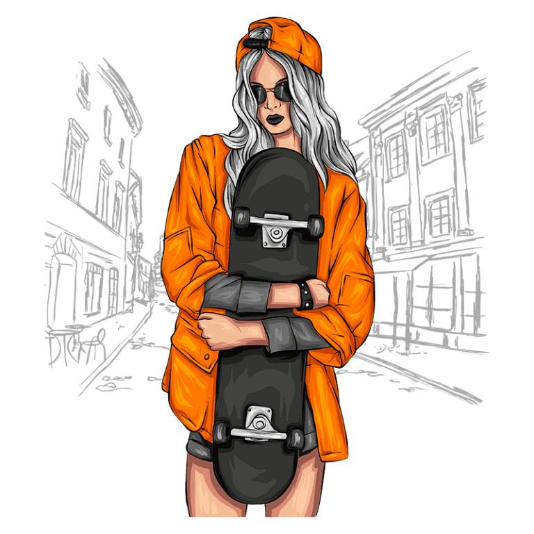 Ilustração de uma jovem skatista com cabelo longo e prateado, vestindo uma jaqueta laranja e óculos escuros, segurando um skate preto em frente a um cenário urbano, destacando a cultura do skate e estilo de vida jovem.
