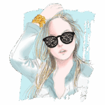 Ilustração de mulher com cabelo longo e loiro, usando óculos escuros e uma camisa jeans. Ela está posando com uma mão na cabeça e um bracelete de contas douradas no pulso, destacando um estilo moderno e descontraído. Fundo em azul claro com toques artísticos.