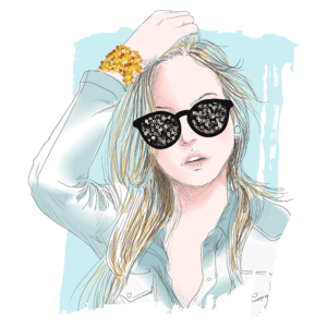 Ilustração de mulher com cabelo longo e loiro, usando óculos escuros e uma camisa jeans. Ela está posando com uma mão na cabeça e um bracelete de contas douradas no pulso, destacando um estilo moderno e descontraído. Fundo em azul claro com toques artísticos.