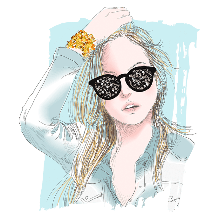 Ilustração de mulher com cabelo longo e loiro, usando óculos escuros e uma camisa jeans. Ela está posando com uma mão na cabeça e um bracelete de contas douradas no pulso, destacando um estilo moderno e descontraído. Fundo em azul claro com toques artísticos.