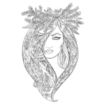Ilustração de uma mulher com longos cabelos adornados por folhas e flores, apresentando um estilo artístico detalhado e naturalista.