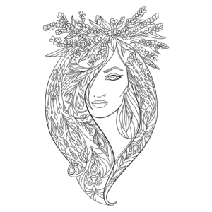 Ilustração de uma mulher com longos cabelos adornados por folhas e flores, apresentando um estilo artístico detalhado e naturalista.