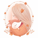 Menina de cabelos longos abraçando um cervo em um cenário outonal, com folhas caindo ao redor. A ilustração transmite ternura e conexão com a natureza.