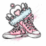 Tênis rosa estilizados com detalhes de coroa e pelúcia, ilustrando um design moderno e divertido.
