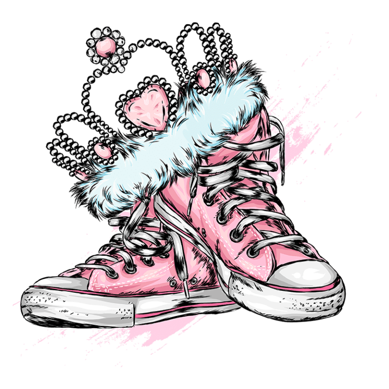Tênis rosa estilizados com detalhes de coroa e pelúcia, ilustrando um design moderno e divertido.