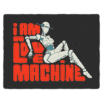 Imagem de um robô estilizado, posando de forma sedutora, acompanhado pela frase "I am love machine" em estilo gráfico vibrante. Fundos escuros com letras em vermelho e laranja, evocando uma estética futurista e divertida, ideal para temas de tecnologia e amor.