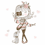 Ilustração de uma garota sorridente com cabelo ondulado e uma rosa na cabeça, segurando uma câmera, enquanto posa para uma foto ao lado de um cachorro. Espalhados ao fundo estão corações rosa, criando uma atmosfera divertida e amorosa. Ideal para conteúdos relacionados a lifestyle, fotografia e animais de estimação.