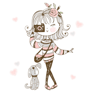 Ilustração de uma garota sorridente com cabelo ondulado e uma rosa na cabeça, segurando uma câmera, enquanto posa para uma foto ao lado de um cachorro. Espalhados ao fundo estão corações rosa, criando uma atmosfera divertida e amorosa. Ideal para conteúdos relacionados a lifestyle, fotografia e animais de estimação.