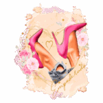 Ilustração de sapatos de salto alto rosas em um fundo suave, decorada com flores e elementos gráficos, simbolizando empoderamento feminino.