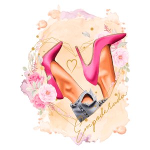 Ilustração de sapatos de salto alto rosas em um fundo suave, decorada com flores e elementos gráficos, simbolizando empoderamento feminino.
