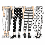 Quatro calças estilizadas em padrões variados, incluindo listras verticais, estrelas, listras horizontais e bolinhas, com diferentes combinações de cores em fundo verde. Ideal para moda feminina e tendências de estilo.