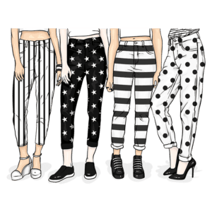 Quatro calças estilizadas em padrões variados, incluindo listras verticais, estrelas, listras horizontais e bolinhas, com diferentes combinações de cores em fundo verde. Ideal para moda feminina e tendências de estilo.