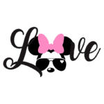 Imagem estilizada com a palavra "Love" em letras cursivas, incorporando a figura de uma cabeça de rato com óculos escuros e um laço rosa, simbolizando amor e diversão.