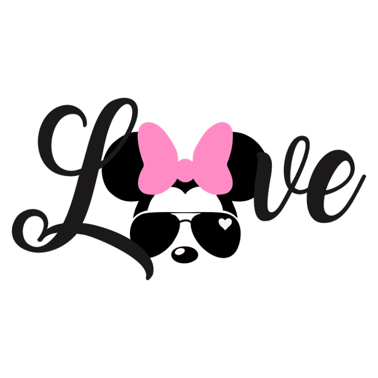 Imagem estilizada com a palavra "Love" em letras cursivas, incorporando a figura de uma cabeça de rato com óculos escuros e um laço rosa, simbolizando amor e diversão.