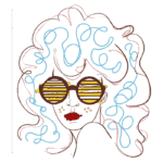 Ilustração de uma mulher com cabelo cacheado, usando óculos de sol listrados amarelos e com detalhes em azul. A personagem tem sardas e lábios vermelhos, transmitindo um estilo artístico moderno e vibrante.