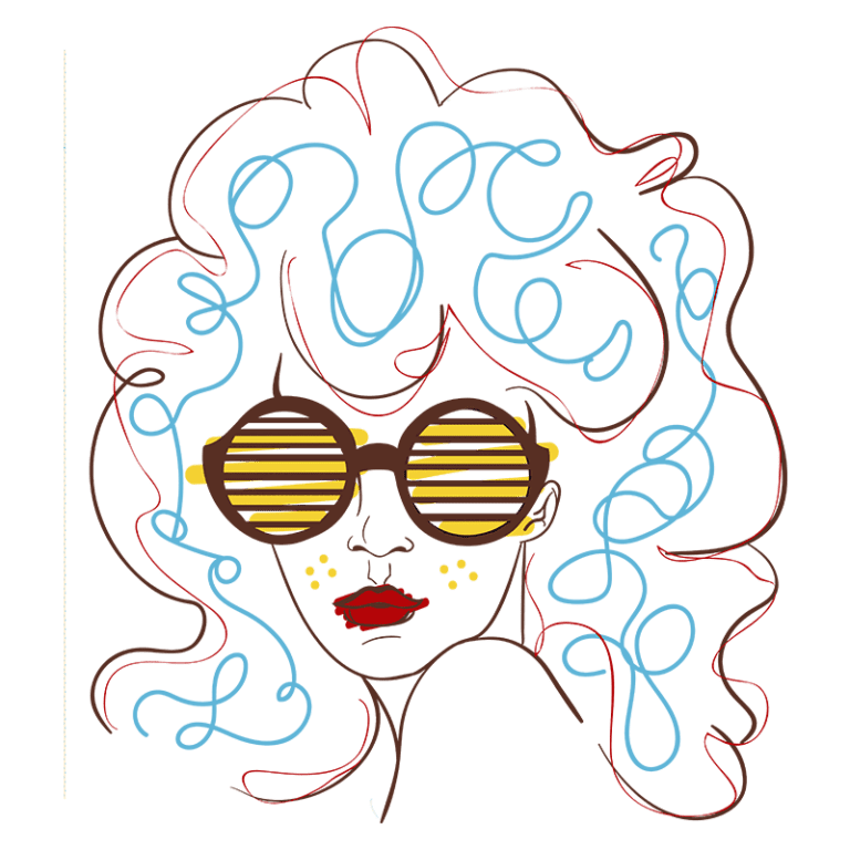 Ilustração de uma mulher com cabelo cacheado, usando óculos de sol listrados amarelos e com detalhes em azul. A personagem tem sardas e lábios vermelhos, transmitindo um estilo artístico moderno e vibrante.
