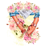 Ilustração artística de pernas femininas usando sapatos de salto alto, cercadas por flores coloridas, com uma revista parcialmente visível com a palavra "Glamour", subtendida em um fundo claro.