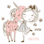 Ilustração de uma criança abraçando um unicórnio rosa, com detalhes de corações e borboletas ao fundo, transmitindo uma sensação de amizade e magia.