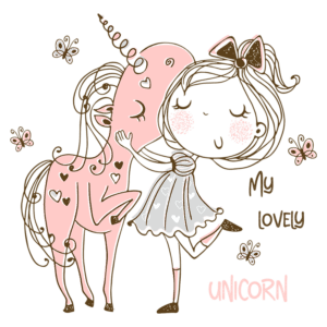 Ilustração de uma criança abraçando um unicórnio rosa, com detalhes de corações e borboletas ao fundo, transmitindo uma sensação de amizade e magia.