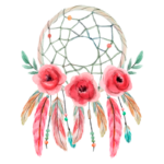 Ilustração de um sonho com flores em aquarela, apresentando um aro delicado com uma rede de fios, decorado com três rosas vermelhas e penas coloridas penduradas, simbolizando proteção e beleza artística.