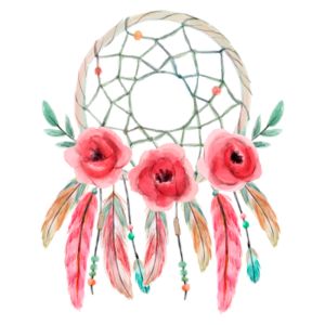 Ilustração de um sonho com flores em aquarela, apresentando um aro delicado com uma rede de fios, decorado com três rosas vermelhas e penas coloridas penduradas, simbolizando proteção e beleza artística.