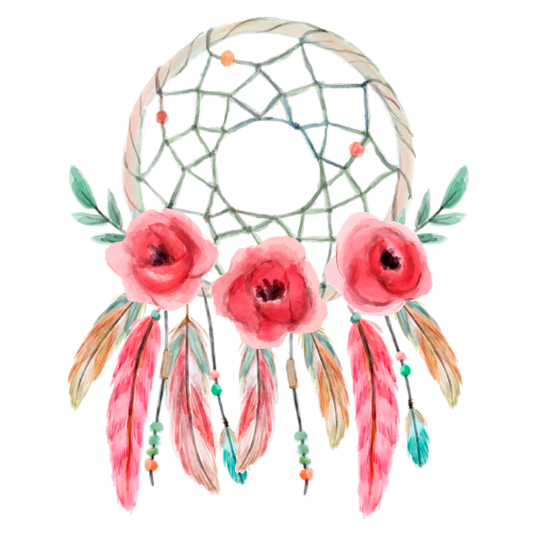 Ilustração de um sonho com flores em aquarela, apresentando um aro delicado com uma rede de fios, decorado com três rosas vermelhas e penas coloridas penduradas, simbolizando proteção e beleza artística.