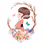 Ilustração de uma menina com vestido tradicional, rodeada por flores e borboletas, simbolizando a beleza da natureza e a cultura oriental.