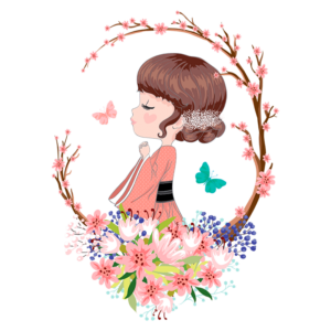 Ilustração de uma menina com vestido tradicional, rodeada por flores e borboletas, simbolizando a beleza da natureza e a cultura oriental.
