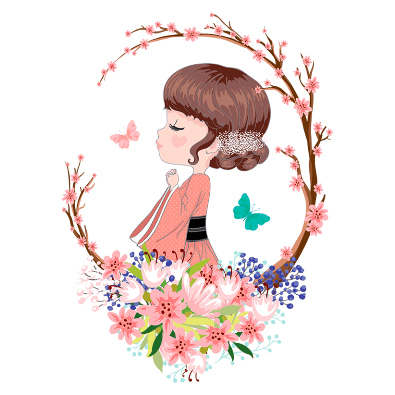 Ilustração de uma menina com vestido tradicional, rodeada por flores e borboletas, simbolizando a beleza da natureza e a cultura oriental.