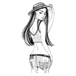Ilustração de uma jovem mulher de costas, usando um chapéu e uma blusa sem mangas, com calças jeans. Ela está olhando por cima do ombro, transmitindo um estilo descontraído e moderno. Ideal para temas de moda e verão.