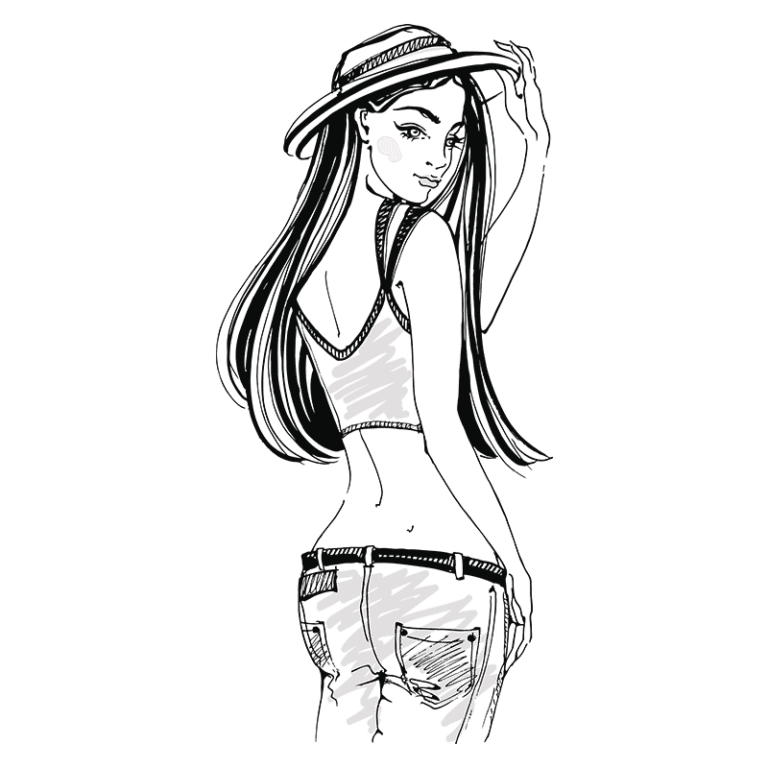 Ilustração de uma jovem mulher de costas, usando um chapéu e uma blusa sem mangas, com calças jeans. Ela está olhando por cima do ombro, transmitindo um estilo descontraído e moderno. Ideal para temas de moda e verão.