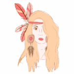 Ilustração de uma mulher com cabelos longos e loiros, adornada com penas rosa e acessórios de joias nativas, incluindo brincos grandes e um cordão decorativo. O fundo é verde, destacando os detalhes do desenho.