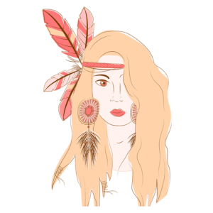 Ilustração de uma mulher com cabelos longos e loiros, adornada com penas rosa e acessórios de joias nativas, incluindo brincos grandes e um cordão decorativo. O fundo é verde, destacando os detalhes do desenho.