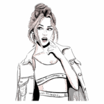 Ilustração de uma mulher com cabelo preso em um coque, usando uma jaqueta e um top, fazendo um gesto pensativo com a mão na boca. O estilo é moderno e artístico, com cores predominantes em verde e tons neutros.