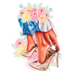 Imagem de um par de sapatos de salto alto dourados, com uma mão feminina segurando um deles. A modelo usa calças jeans e uma blusa branca, cercada por flores coloridas e a palavra "LOVE". Ideal para temas de moda e estilo.