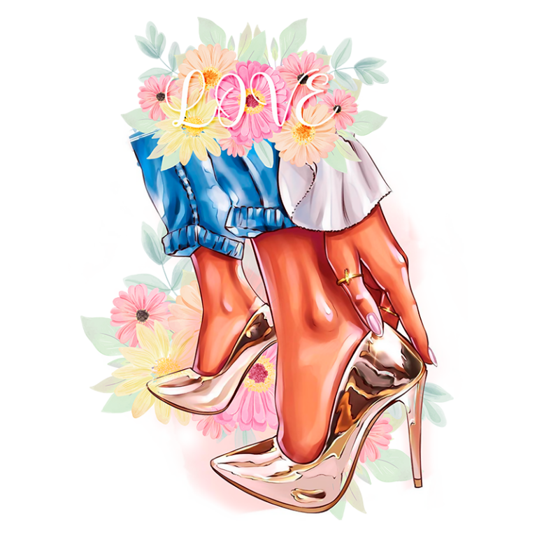 Imagem de um par de sapatos de salto alto dourados, com uma mão feminina segurando um deles. A modelo usa calças jeans e uma blusa branca, cercada por flores coloridas e a palavra "LOVE". Ideal para temas de moda e estilo.