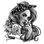 Ilustração de uma mulher com cabelo longo e solto, usando uma bandana preta e adornada com rosas. O estilo é em preto e branco, destacando os detalhes do rosto e as flores ao redor.