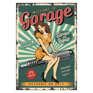 Imagem vintage de um cartaz de garagem, destacando serviços de mecânica, com uma mulher estilizada sentada em uma peça mecânica. Texto inclui "Bem-vindo à Garagem", "Serviço e Reparo", "Qualidade Garantida", "24 Horas" e "Mecânico de Plantão". Ideal para promover serviços de manutenção e reparo automotivo.