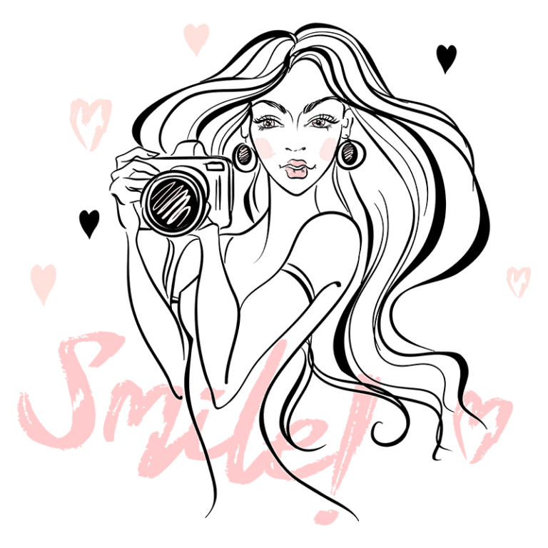 Ilustração de uma mulher segurando uma câmera fotográfica com cabelos longos e ondulados, rodeada por corações, acompanhada da palavra "Smile!" em estilo artístico. Ideal para temas de fotografia, beleza e positividade.