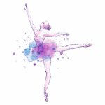 Bailarina em uma pose elegante, vestindo um tutu rosa e azul, com detalhes de aquarela em tons pastel ao fundo, simbolizando a arte do ballet.