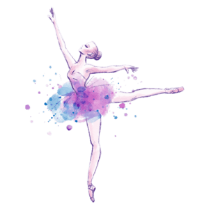 Bailarina em uma pose elegante, vestindo um tutu rosa e azul, com detalhes de aquarela em tons pastel ao fundo, simbolizando a arte do ballet.