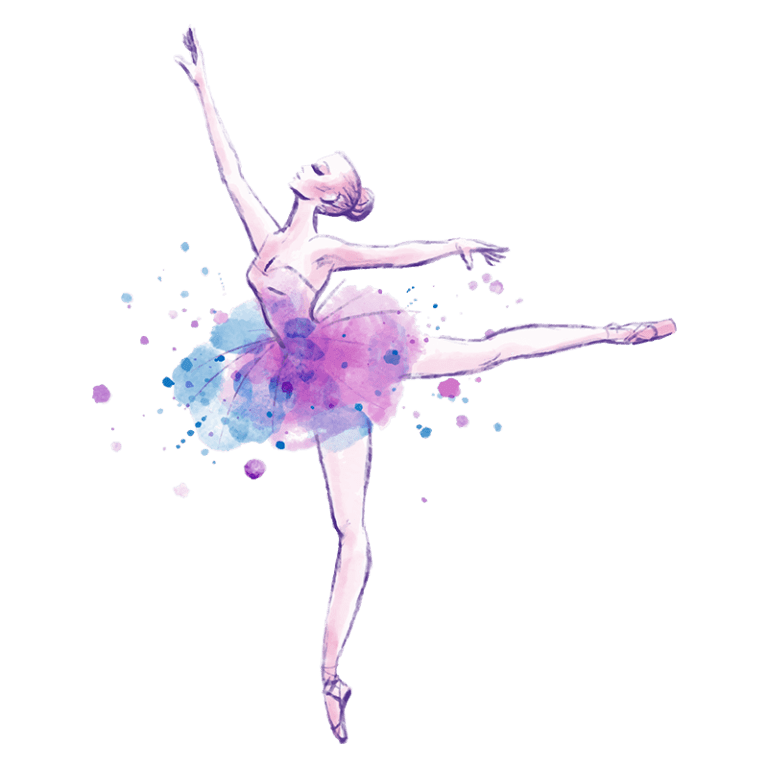 Bailarina em uma pose elegante, vestindo um tutu rosa e azul, com detalhes de aquarela em tons pastel ao fundo, simbolizando a arte do ballet.