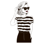 Ilustração de uma mulher estilosa com cabelo curto e liso, usando óculos escuros e uma blusa listrada em preto e branco, com calças escuras, posando de forma confiante.