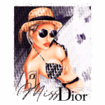 Ilustração de uma mulher estilosa usando óculos escuros e um chapéu de palha, vestindo um biquíni preto com detalhes. O fundo apresenta o padrão da marca Dior, destacando a logo "Miss Dior". A imagem transmite uma vibe de moda e verão.