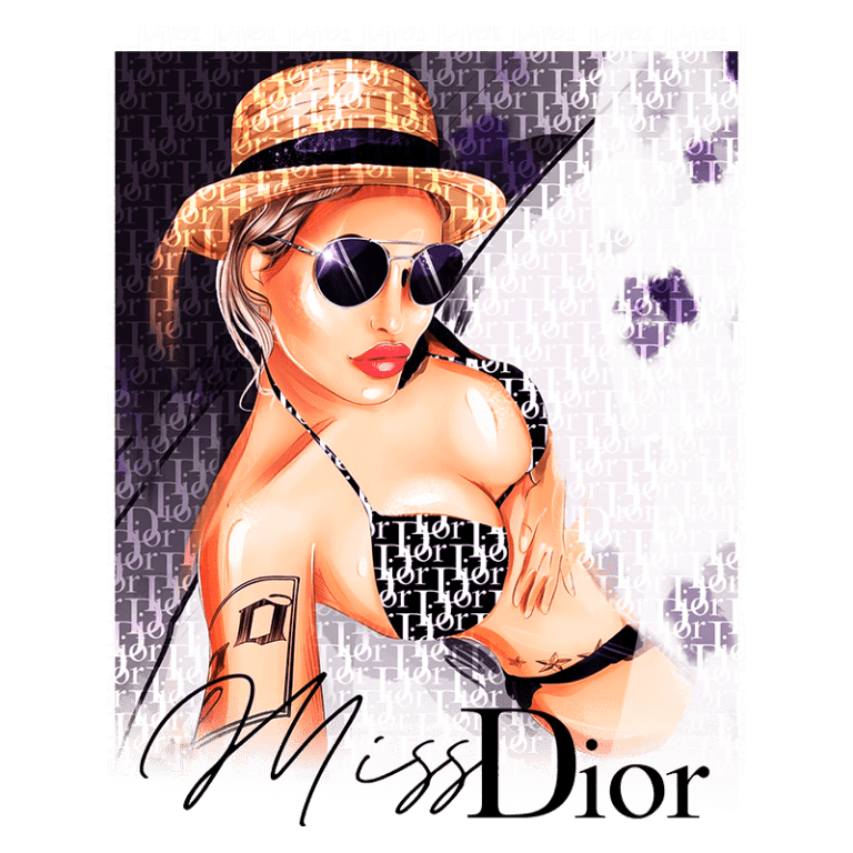 Ilustração de uma mulher estilosa usando óculos escuros e um chapéu de palha, vestindo um biquíni preto com detalhes. O fundo apresenta o padrão da marca Dior, destacando a logo "Miss Dior". A imagem transmite uma vibe de moda e verão.
