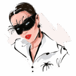 Ilustração de mulher com máscara preta, destacando maquiagem marcante, lábios vermelhos e brincos longos. Ela usa uma camisa branca com detalhes sofisticados, transmitindo um ar de mistério e elegância. O fundo é em tons suaves, realçando a imagem.