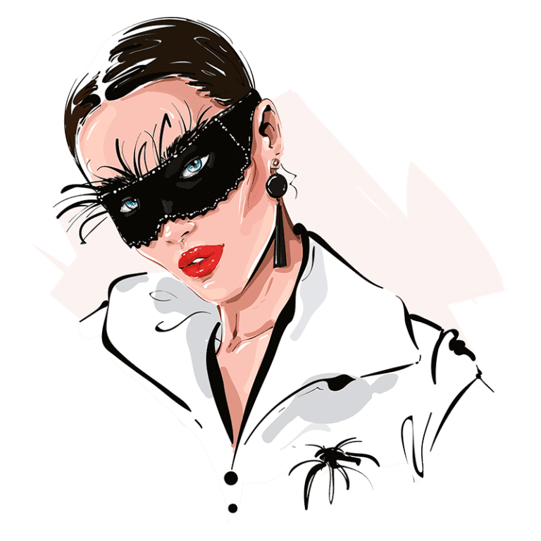 Ilustração de mulher com máscara preta, destacando maquiagem marcante, lábios vermelhos e brincos longos. Ela usa uma camisa branca com detalhes sofisticados, transmitindo um ar de mistério e elegância. O fundo é em tons suaves, realçando a imagem.