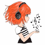 Ilustração de uma menina com cabelos laranja e fones de ouvido, segurando notas musicais em sua mão. Ela usa uma camiseta listrada em preto e branco, com um fundo verde.